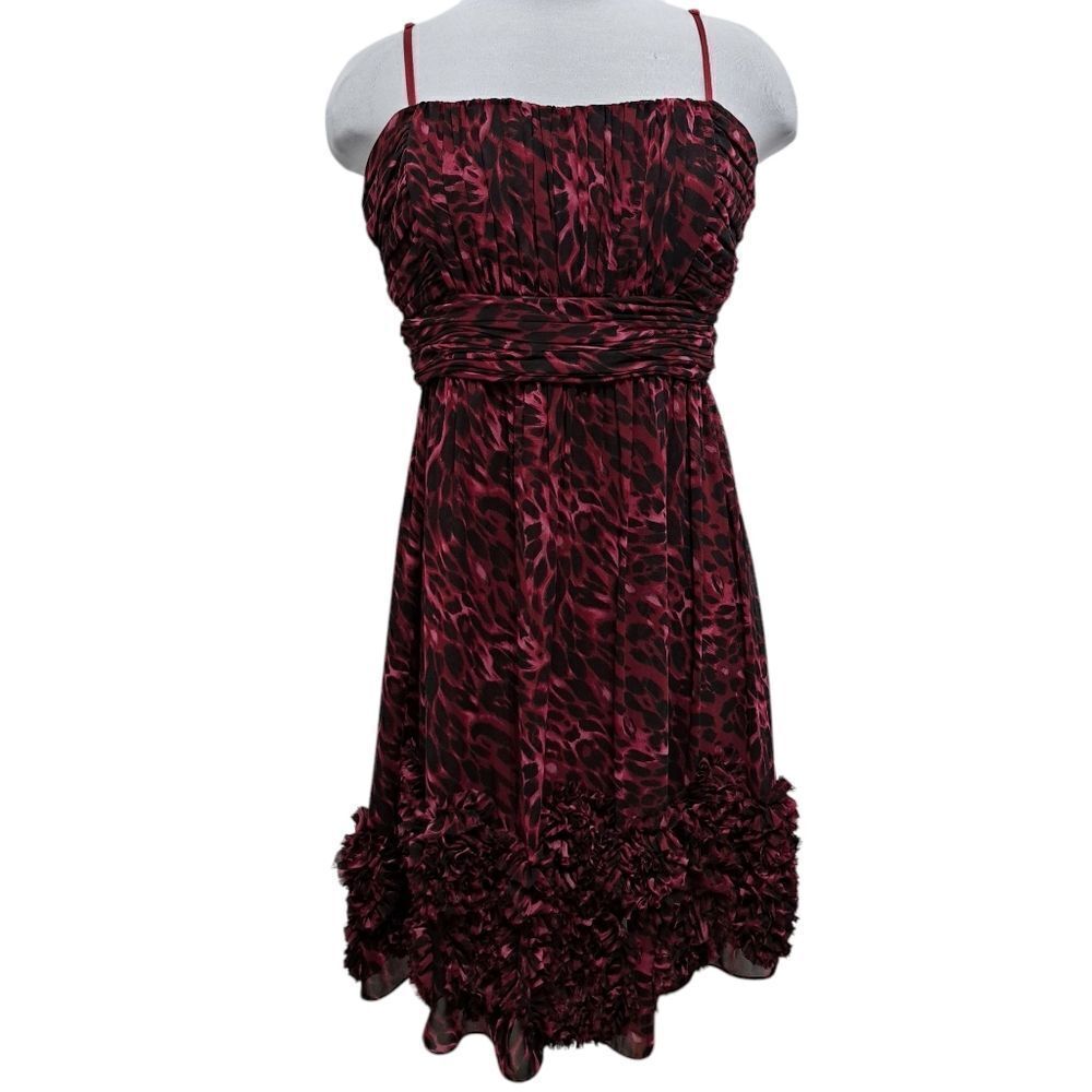 Oleg Cassini Floral Print Chiffon Knee Length Burgundy/Black Size 14